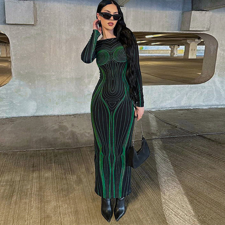 Sexy Knitted Long sleeve printed tight maxi dress women pencil dress casual bodycon slim dress