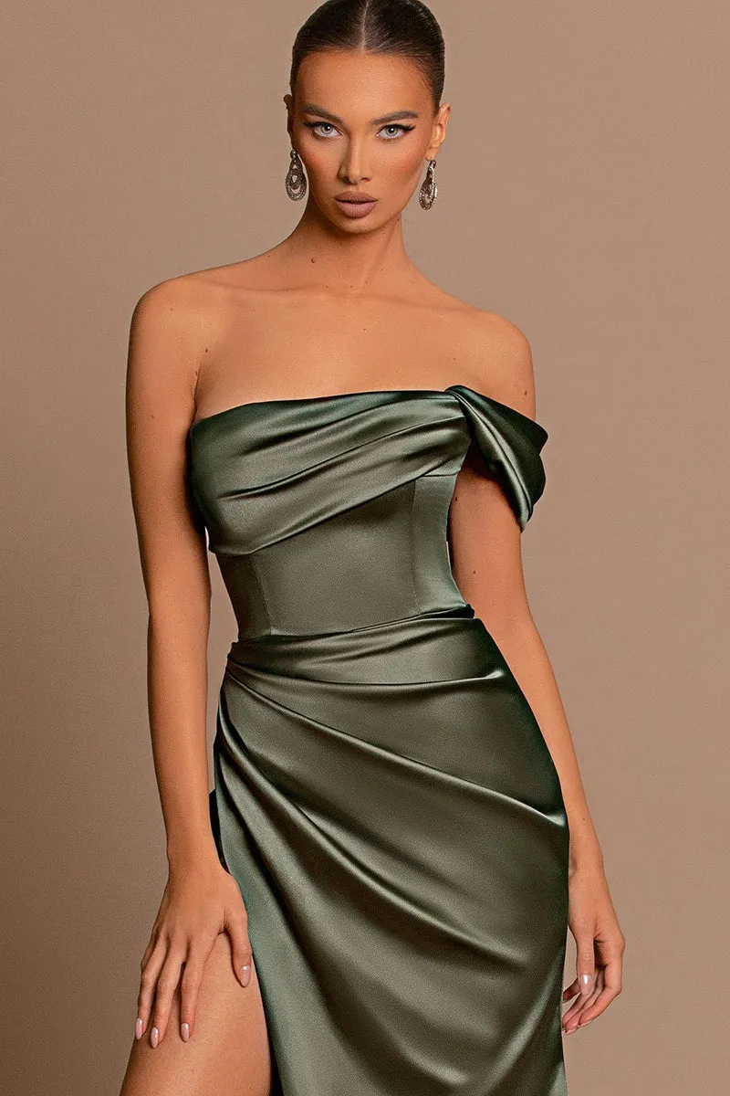 Sheath Off the Shoulder Satin Pleated Side Slit Long Bridesmaid Dress QB3060