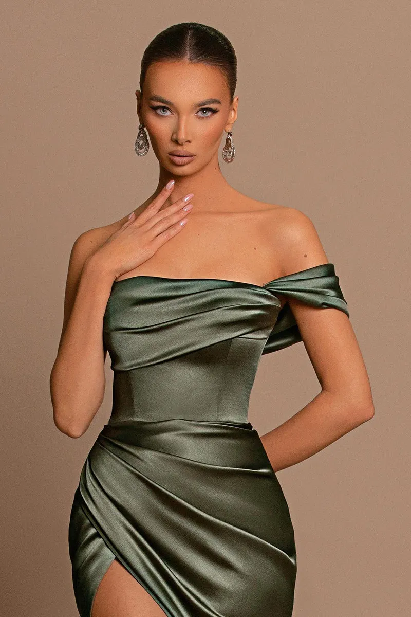 Sheath Off the Shoulder Satin Pleated Side Slit Long Bridesmaid Dress QB3060