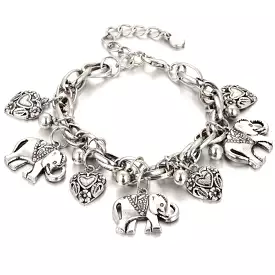 Silver Elephant and Heart Charm Bracelet