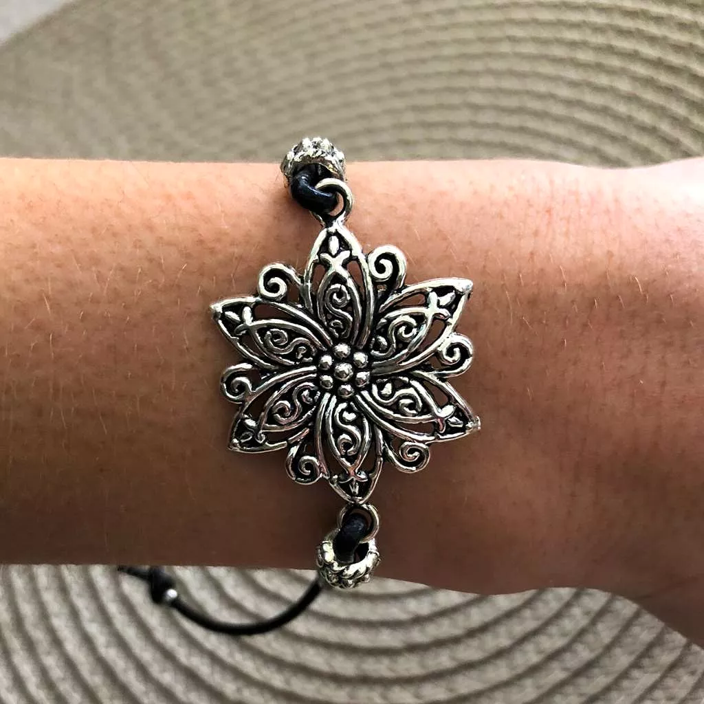 Silver Flower Black Leather Adjustable Bracelet