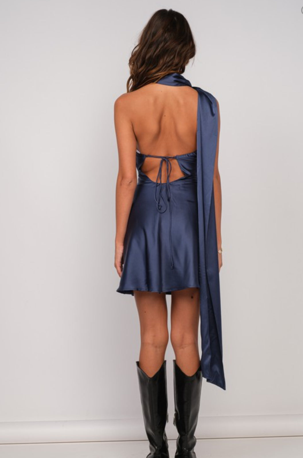 Sima navy satin formal one shoulder mini dress