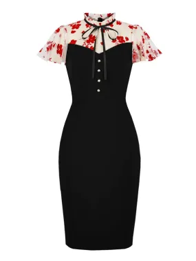 Stand Collar Floral Mesh Elegant Birthday Party Dresses for Women Flare Sleeve Buttons Vintage Black Pencil Dress