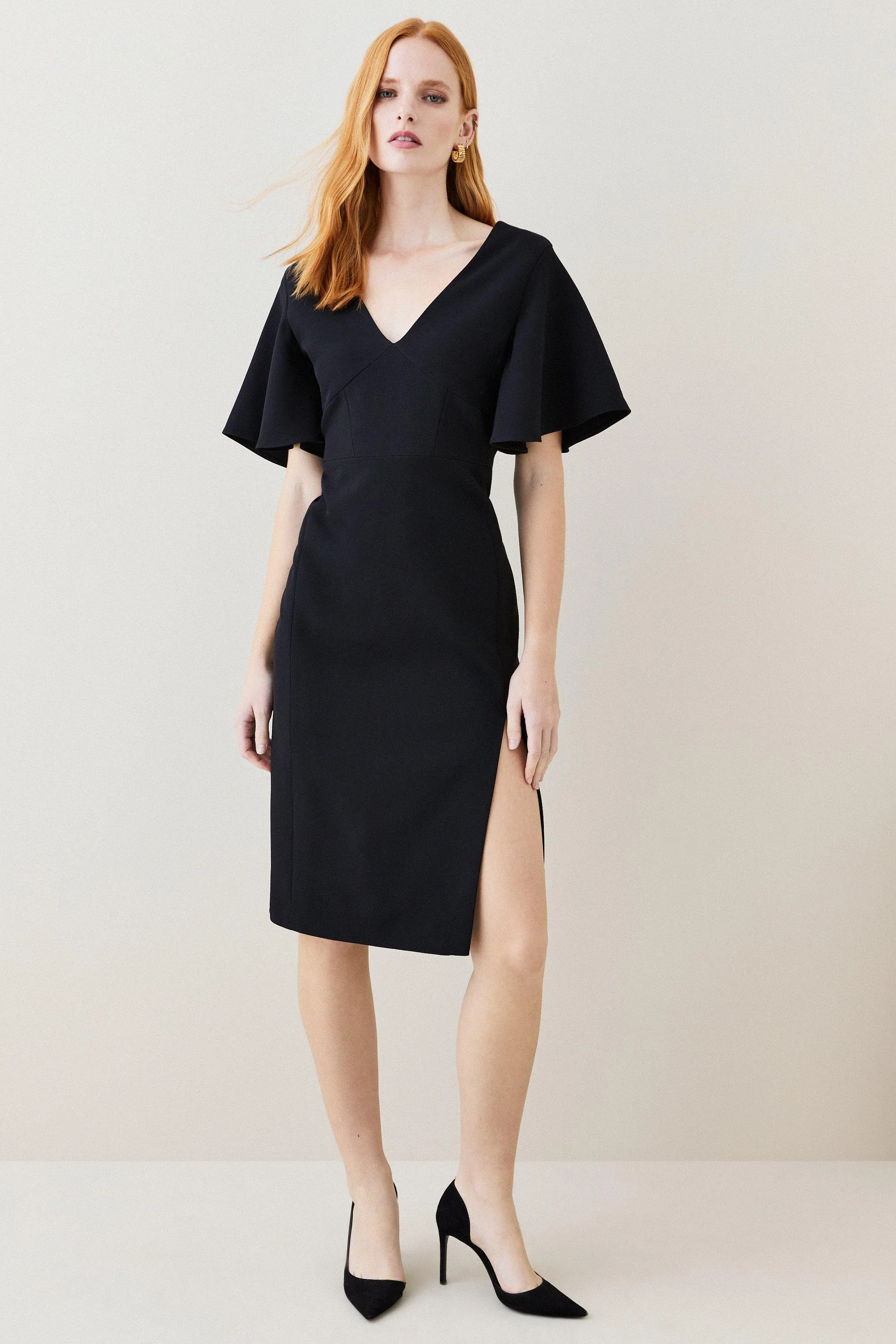 Structured Crepe Angel Sleeve Pencil Midi Dress | Karen Millen