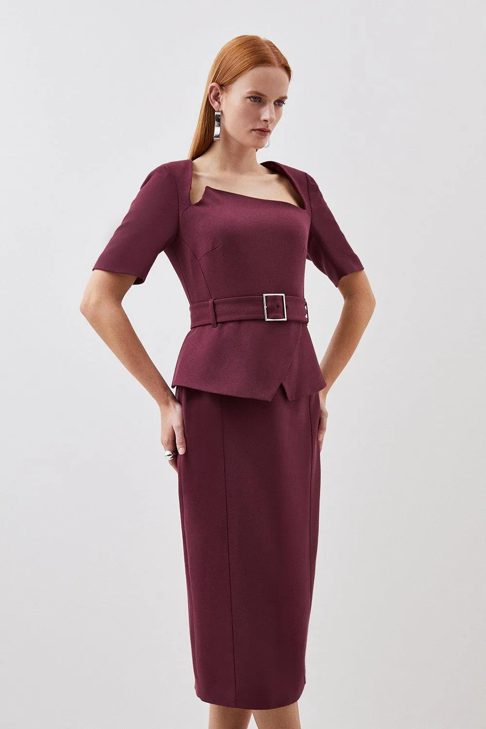 Structured Crepe Asymmetric Neck Belted Midi Pencil Dress | Karen Millen