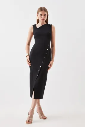 Tailored Compact Stretch Asymmetric Button Detail Midi Pencil Dress | Karen Millen