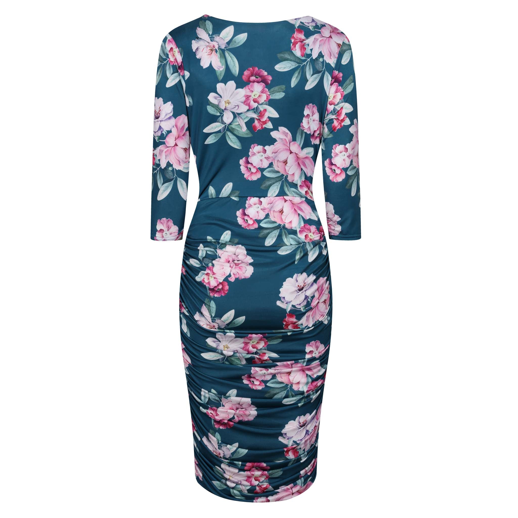 Teal Floral Print 3/4 Sleeve Wrap Over Midi Dress