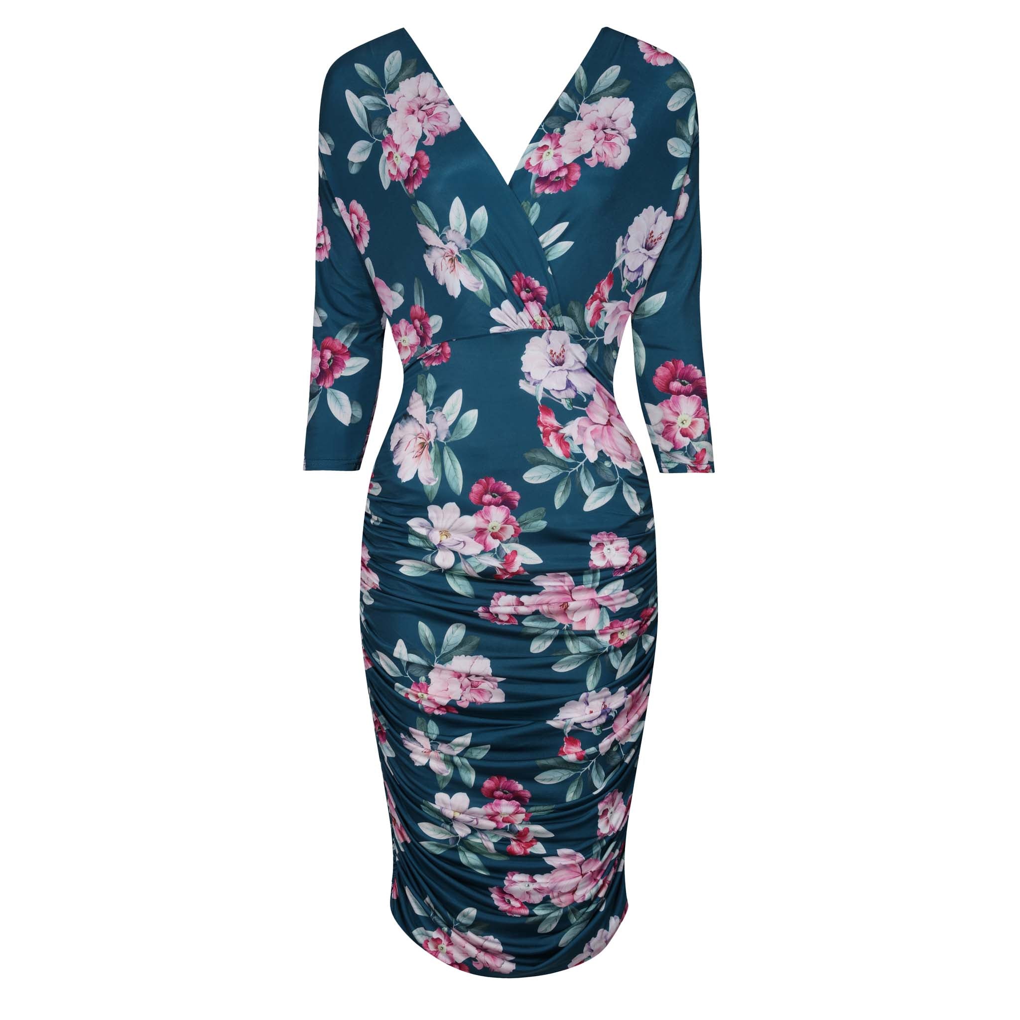 Teal Floral Print 3/4 Sleeve Wrap Over Midi Dress