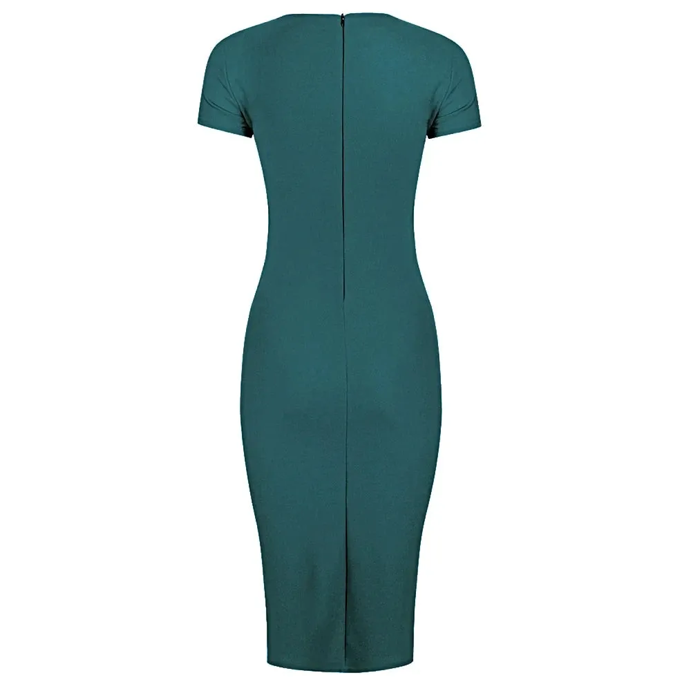 Teal Short Sleeve Ruched Tie Bodycon Pencil Dress