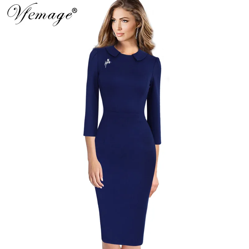 Vfemage Women Elegant Vintage 2018 Spring Autumn Slim Casual Wear To Work Business Office Party Bodycon Pencil Sheath Dress 4423