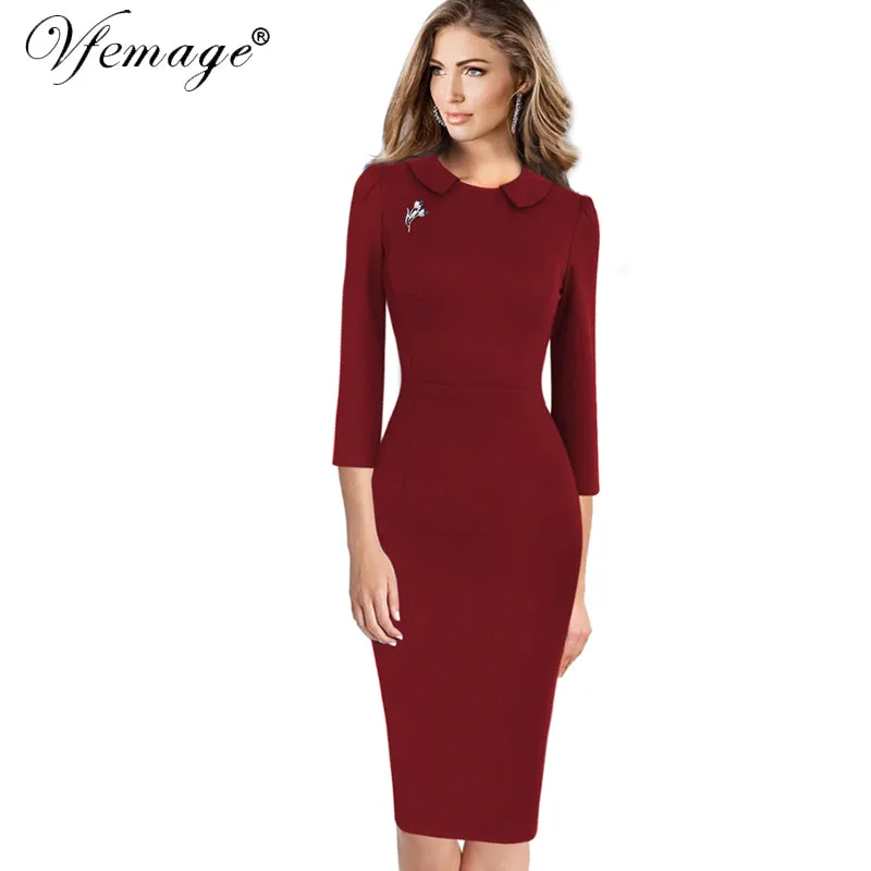 Vfemage Women Elegant Vintage 2018 Spring Autumn Slim Casual Wear To Work Business Office Party Bodycon Pencil Sheath Dress 4423