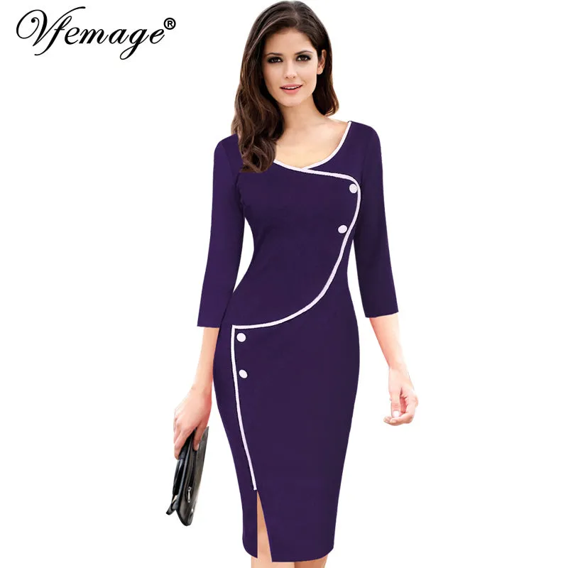 Vfemage Womens Vintage Brief Split Bottom Elegant Casual Work 3/4 Sleeve Deep O-Neck Bodycon Knee Women Office Pencil Dress 4239