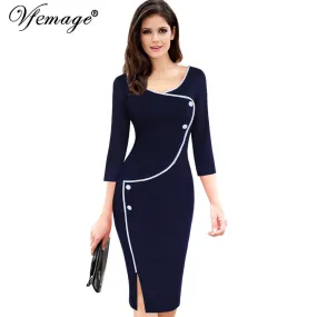 Vfemage Womens Vintage Brief Split Bottom Elegant Casual Work 3/4 Sleeve Deep O-Neck Bodycon Knee Women Office Pencil Dress 4239