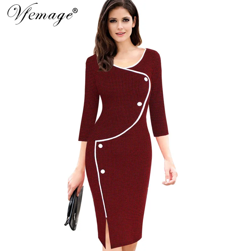 Vfemage Womens Vintage Brief Split Bottom Elegant Casual Work 3/4 Sleeve Deep O-Neck Bodycon Knee Women Office Pencil Dress 4239