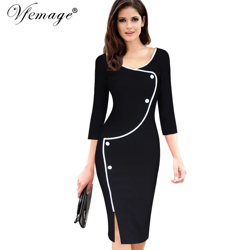 Vfemage Womens Vintage Brief Split Bottom Elegant Casual Work 3/4 Sleeve Deep O-Neck Bodycon Knee Women Office Pencil Dress 4239