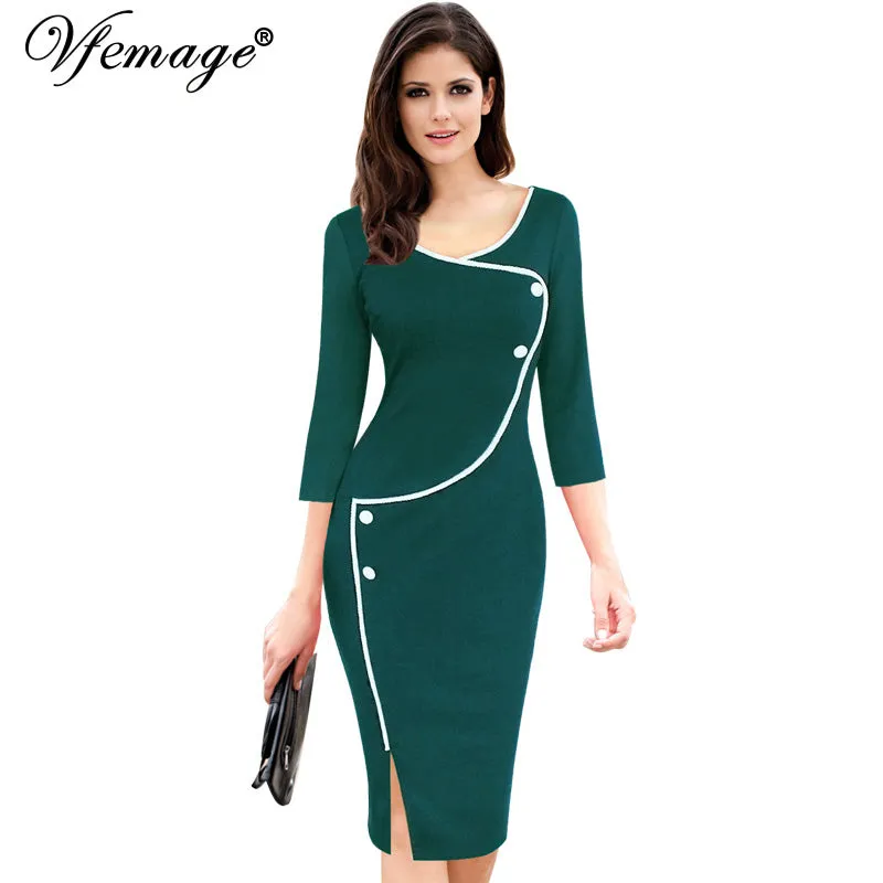 Vfemage Womens Vintage Brief Split Bottom Elegant Casual Work 3/4 Sleeve Deep O-Neck Bodycon Knee Women Office Pencil Dress 4239