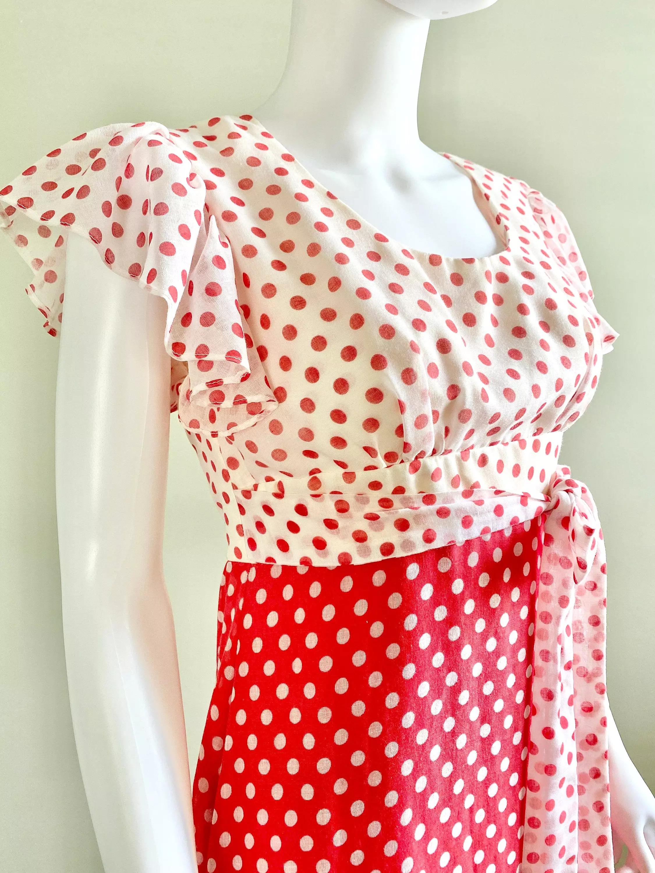 Vintage 1970s Red Polka Dot Maxi Dress / 70s does 1930s party dress / prom dress / size S