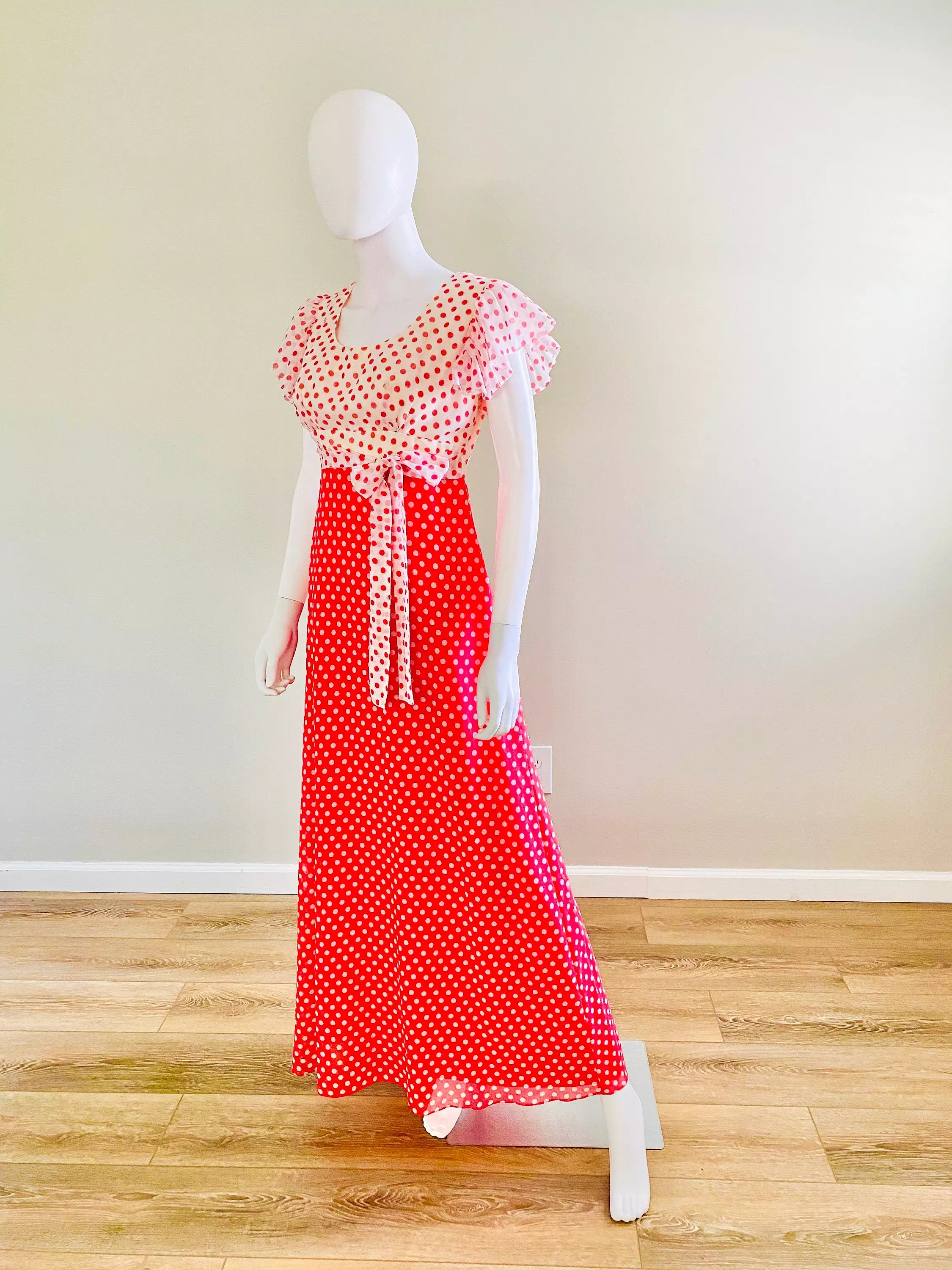 Vintage 1970s Red Polka Dot Maxi Dress / 70s does 1930s party dress / prom dress / size S