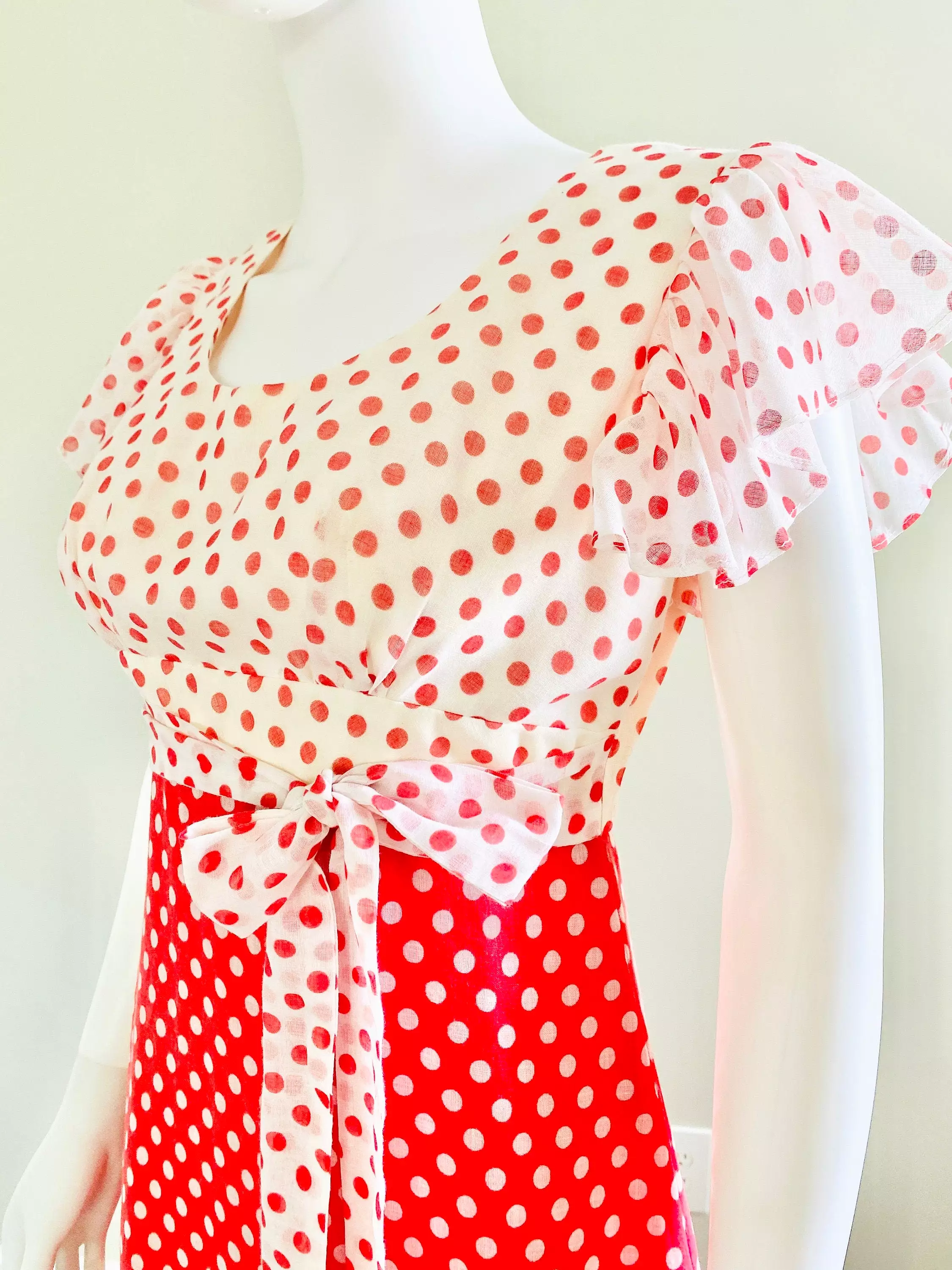 Vintage 1970s Red Polka Dot Maxi Dress / 70s does 1930s party dress / prom dress / size S