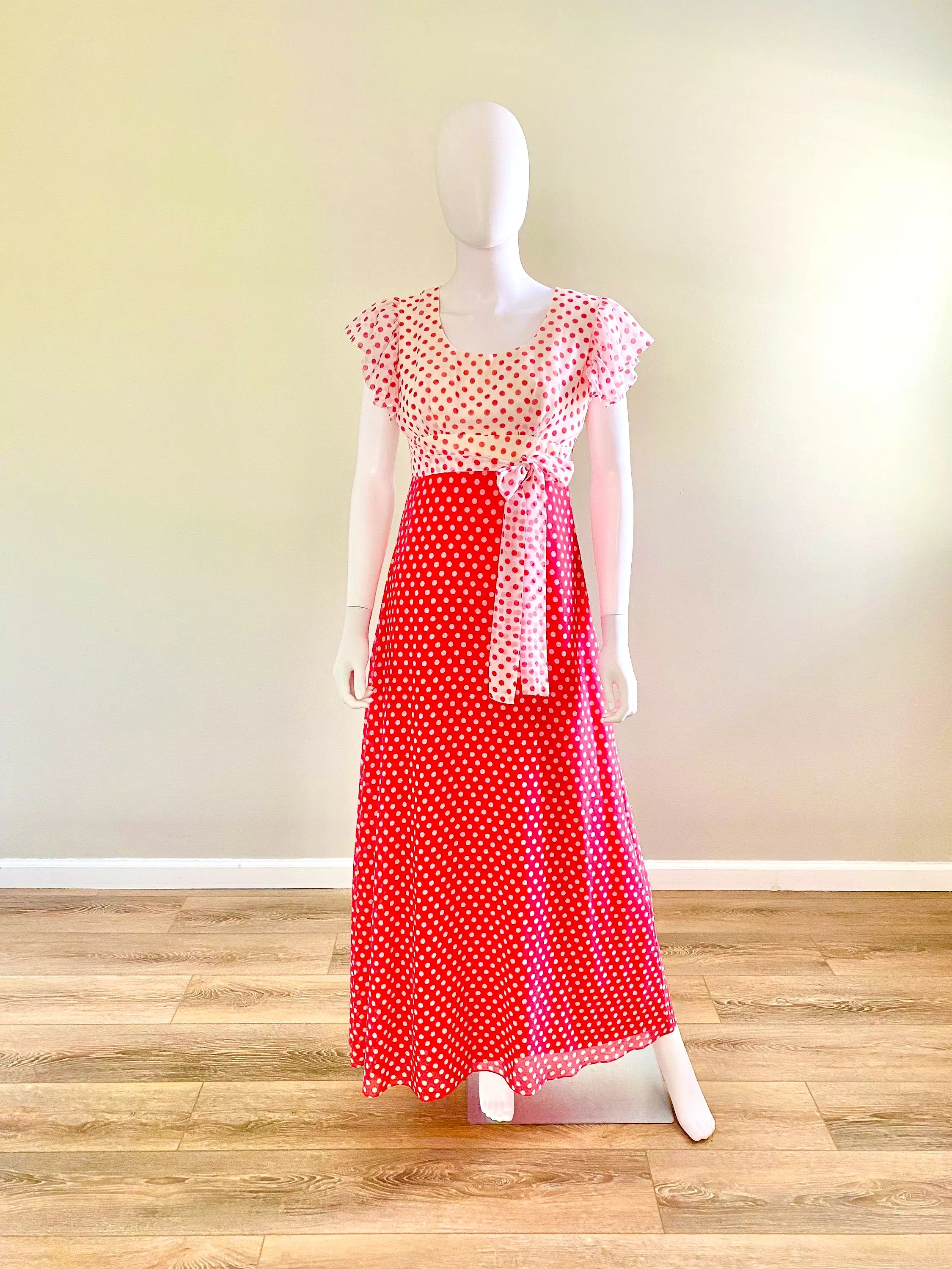 Vintage 1970s Red Polka Dot Maxi Dress / 70s does 1930s party dress / prom dress / size S