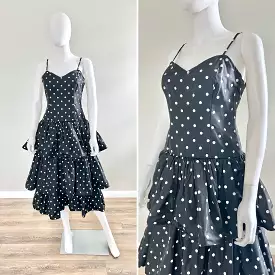 Vintage 1980s Black and White Polka Dot Party Dress / 80s retro taffeta prom dress / Size M