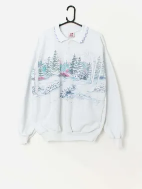 Vintage Art Unlimited winter theme collared sweatshirt in forest white – Large