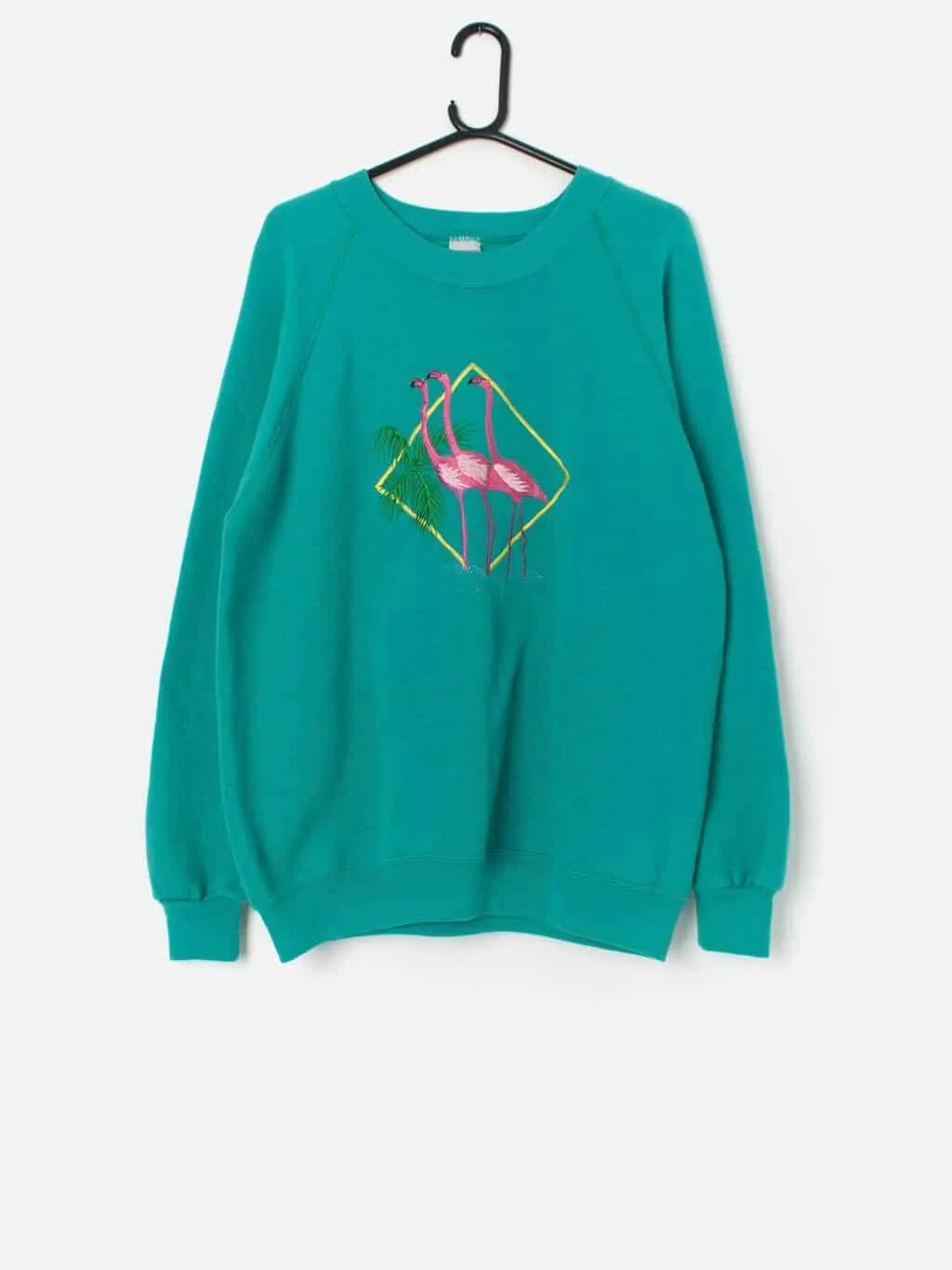 Vintage embroidered pink flamingo sweatshirt in aqua blue – Large / XL