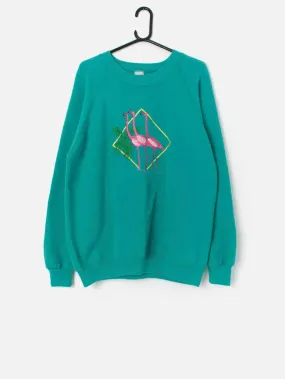 Vintage embroidered pink flamingo sweatshirt in aqua blue – Large / XL