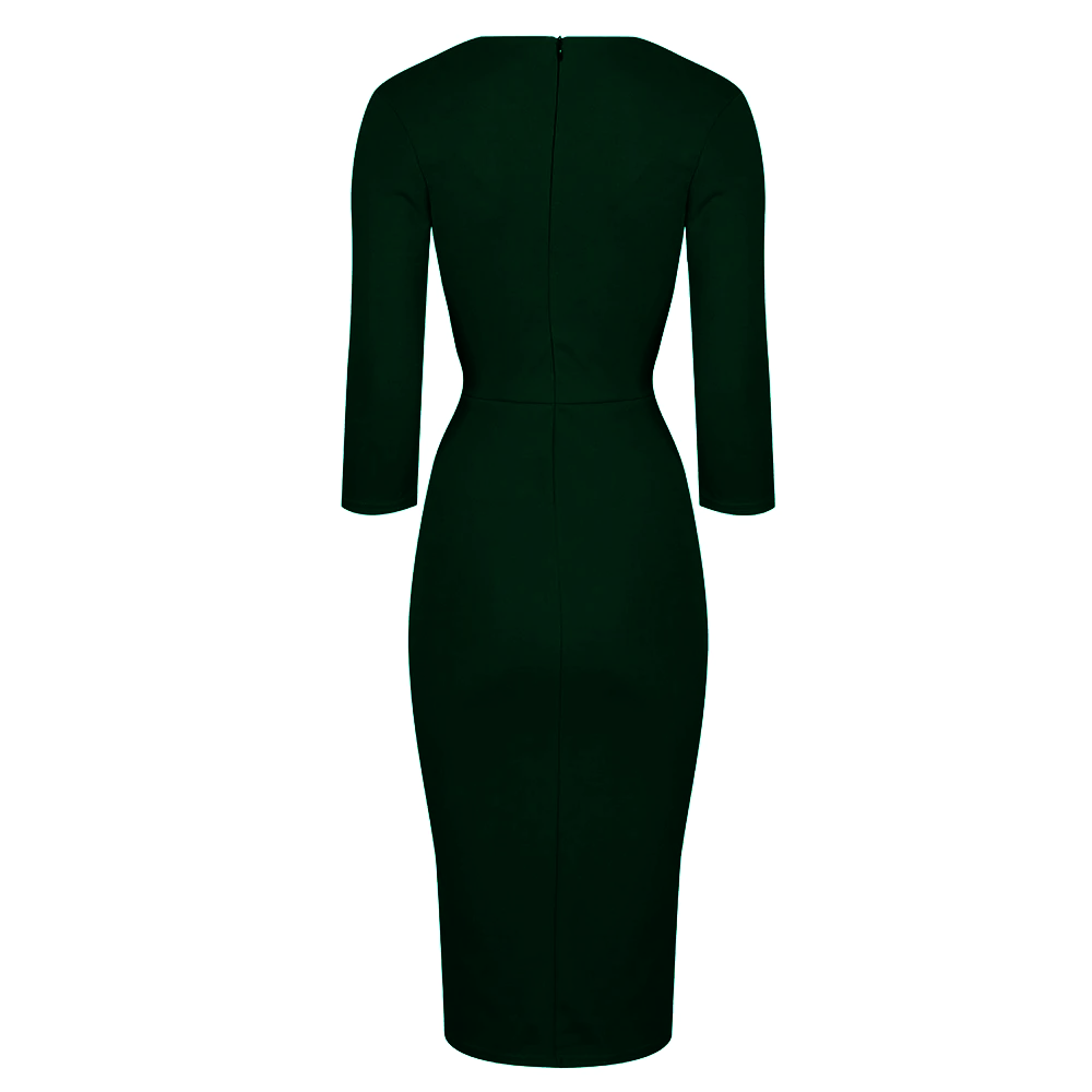 Vintage Forest Green Wrap Over Midi Pencil Dress