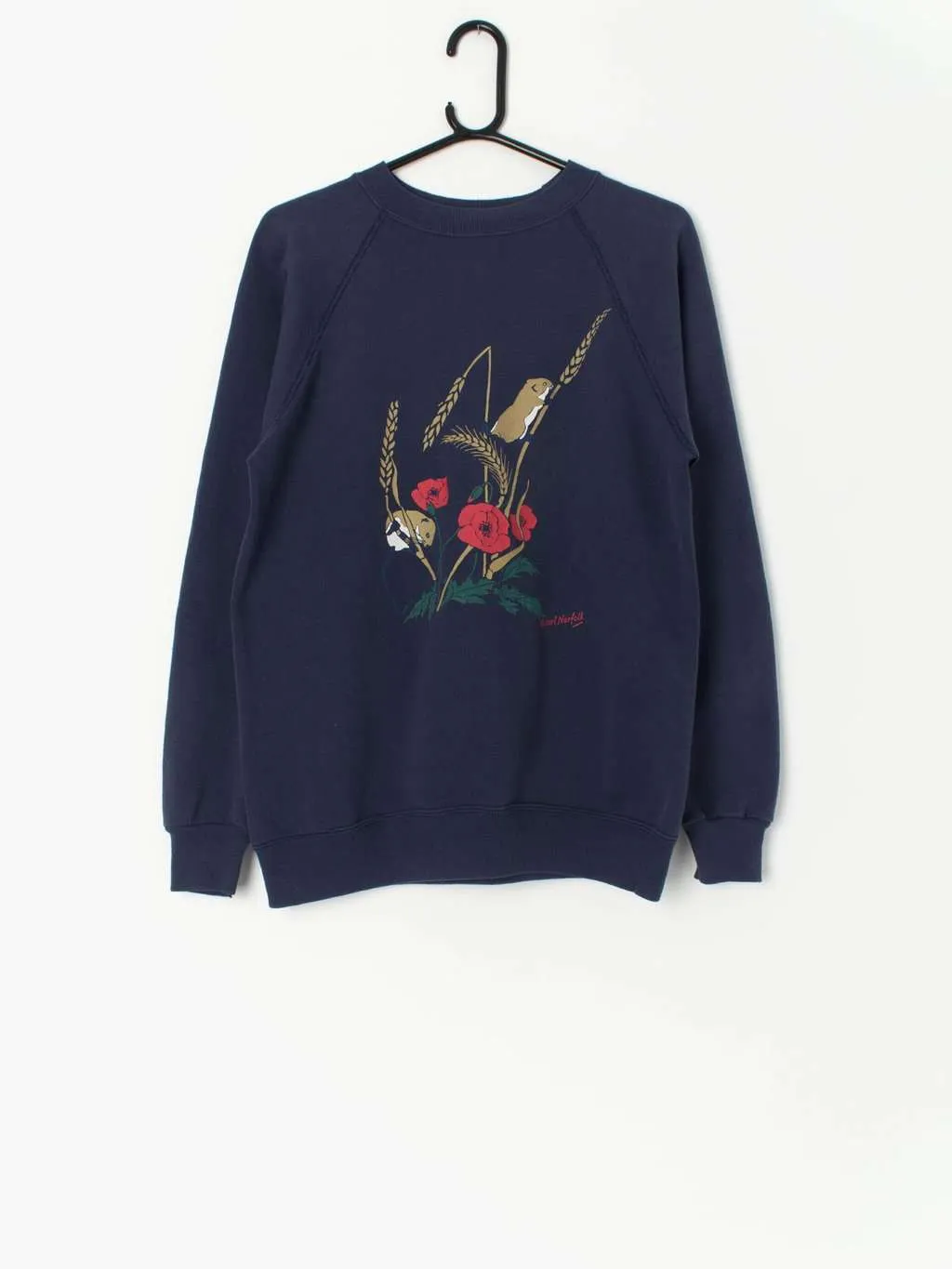 Vintage navy sweatshirt with cute wood mouse and florals – Medium