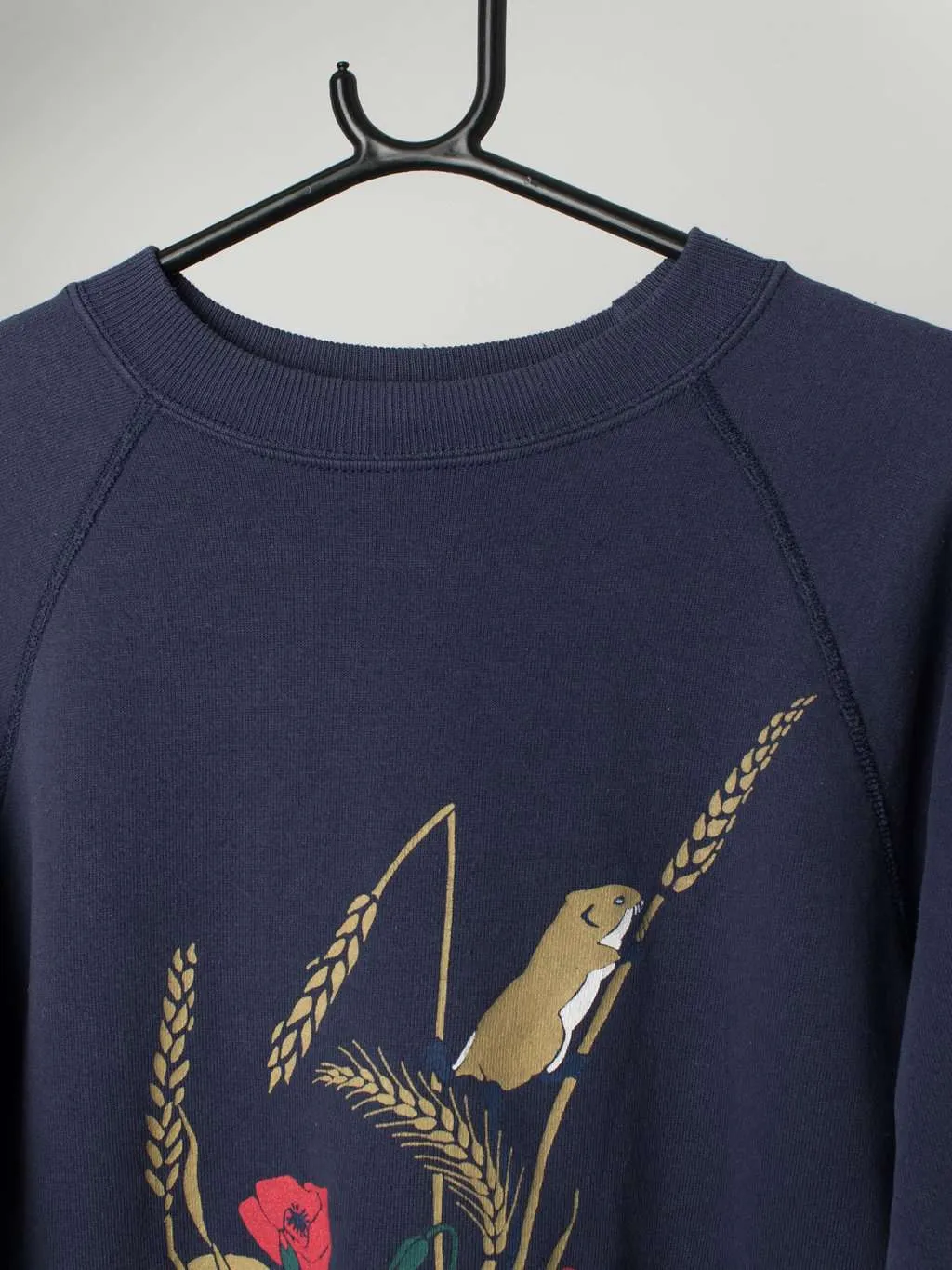 Vintage navy sweatshirt with cute wood mouse and florals – Medium