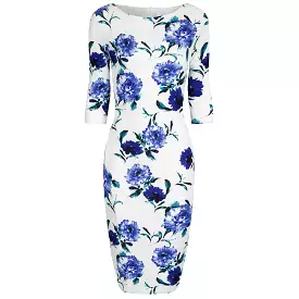 White and Blue Floral Print 3/4 Sleeve Bodycon Pencil Wiggle Dress