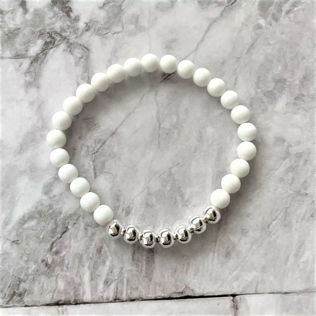 White Czech and Silver Round Beaded Bracelet