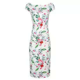 White Floral Print 40s Style Cap Sleeve Slinky Pencil Wiggle Dress