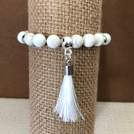 White Magnesite and Silver Beaded Tassel Bracelet