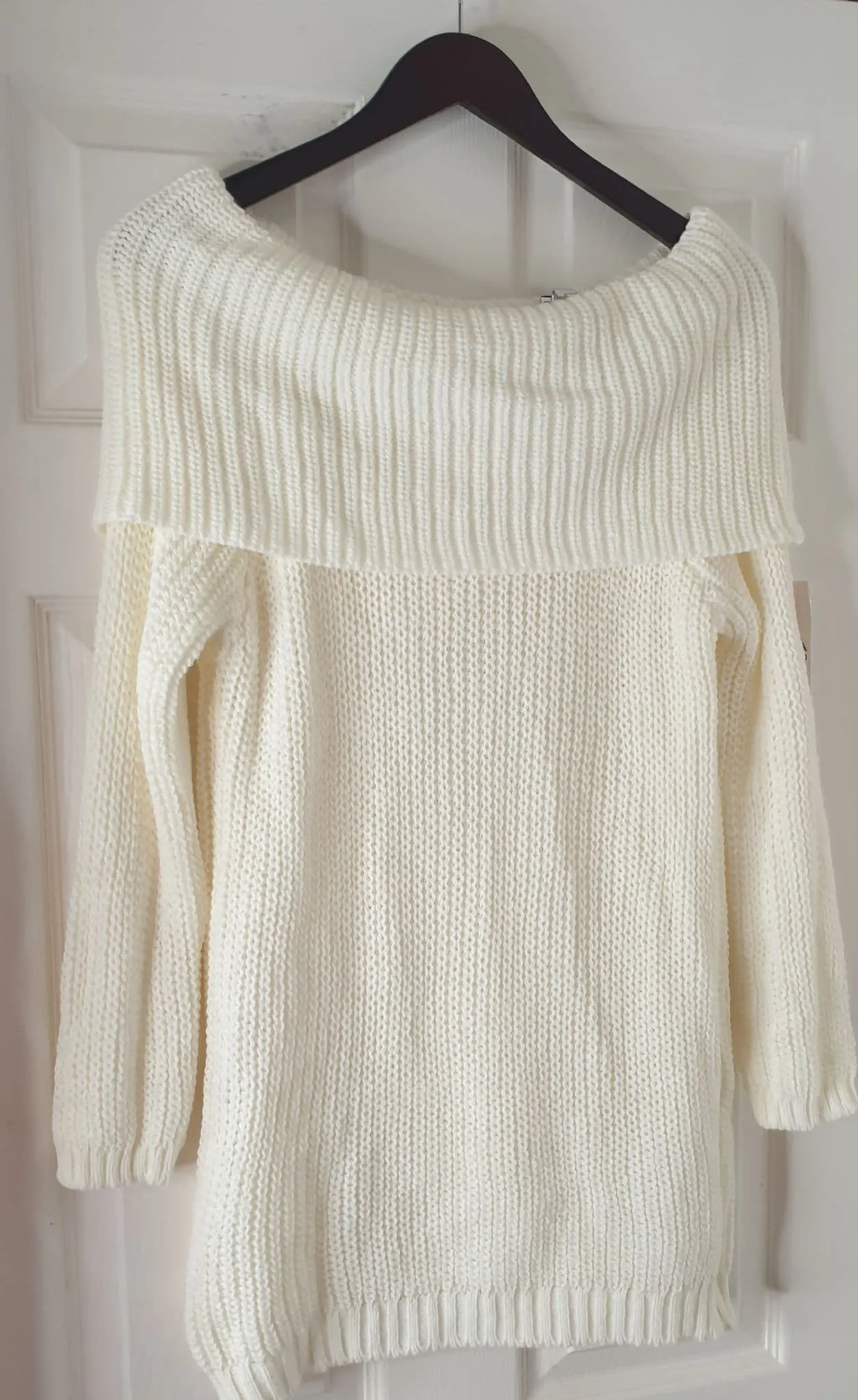 White Off -The Shoulder Knitted Jumper Dress.