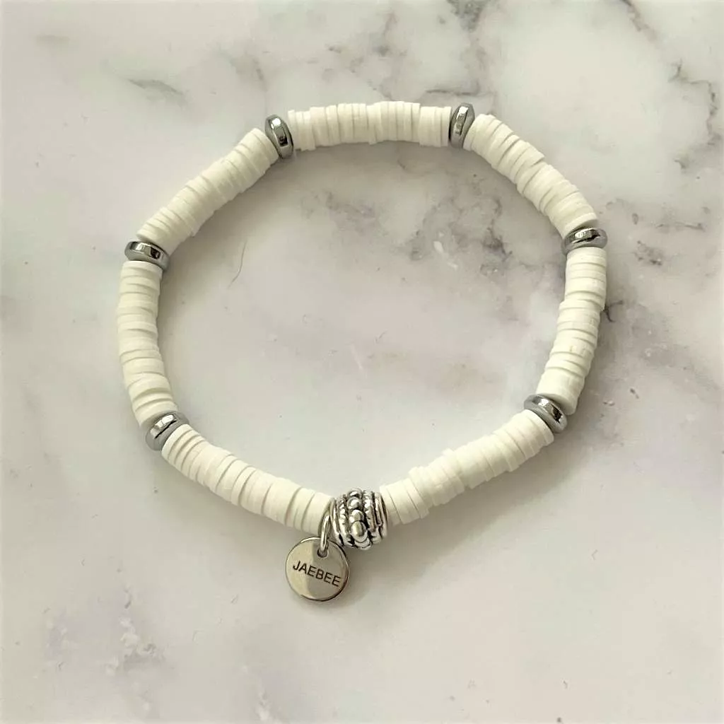 White Polymer and Silver Beaded Bracelet