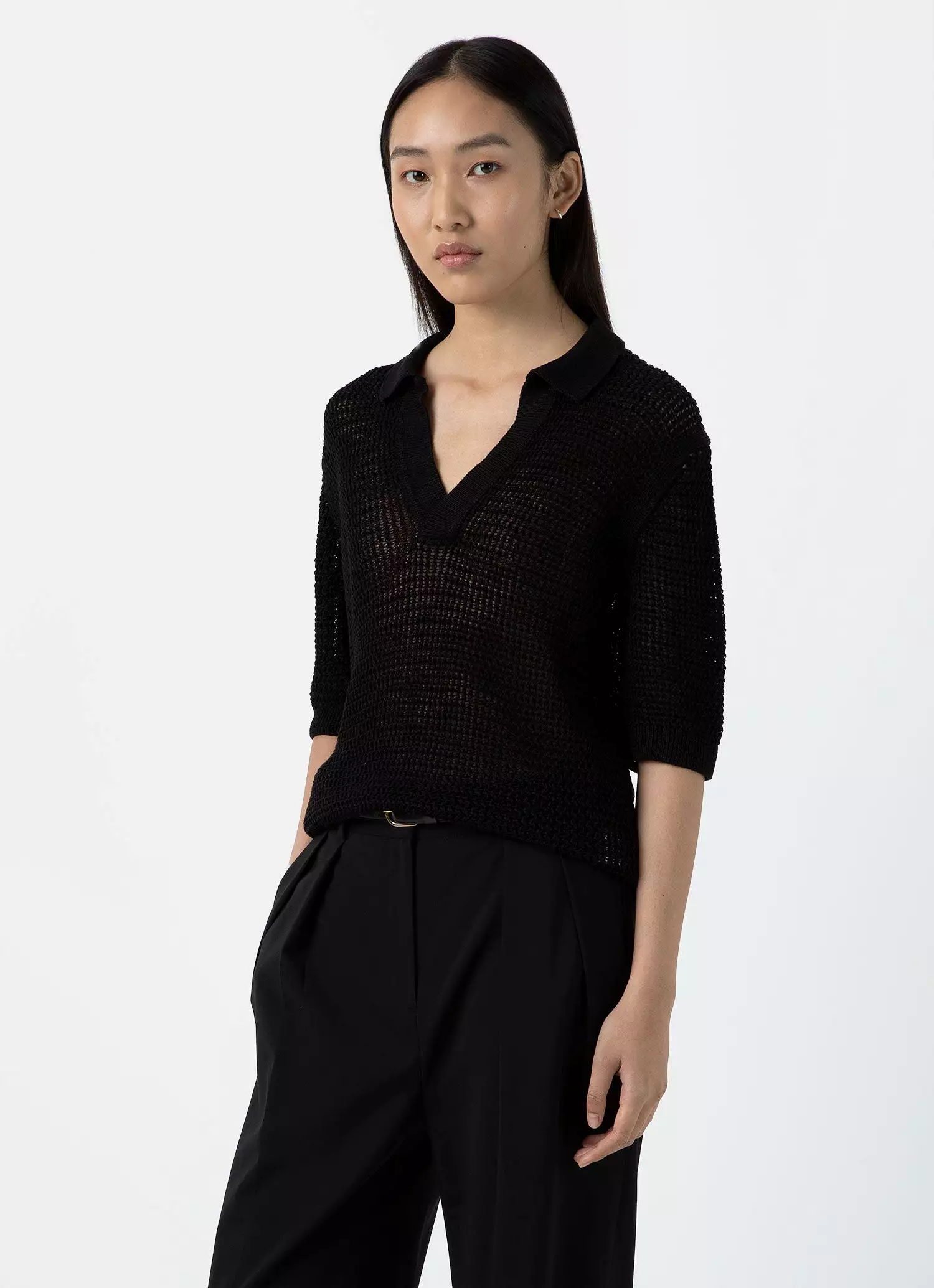 Women's Linen Mesh Polo Shirt in Black